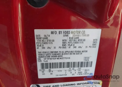 2014 Ford F-150 Lariat z USA, uszkodzony, nr VIN 1FTFW1EF4EKE77313